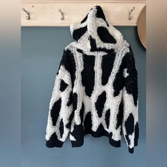 Sandy Liang Sherpa heavy warm black and white hooded pullover sweater sz XXL - Picture 3 of 6